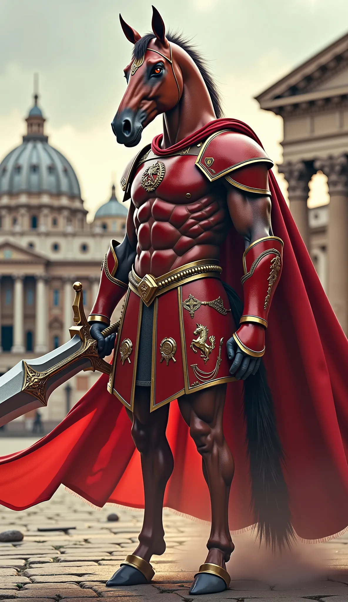 An anthropomorphic horse. He's wearing Ferrari-coloured armour. Il porte un casque.
He's brandishing a huge sword over his shoulder.
He is angry and aggressive.

He is in Rome