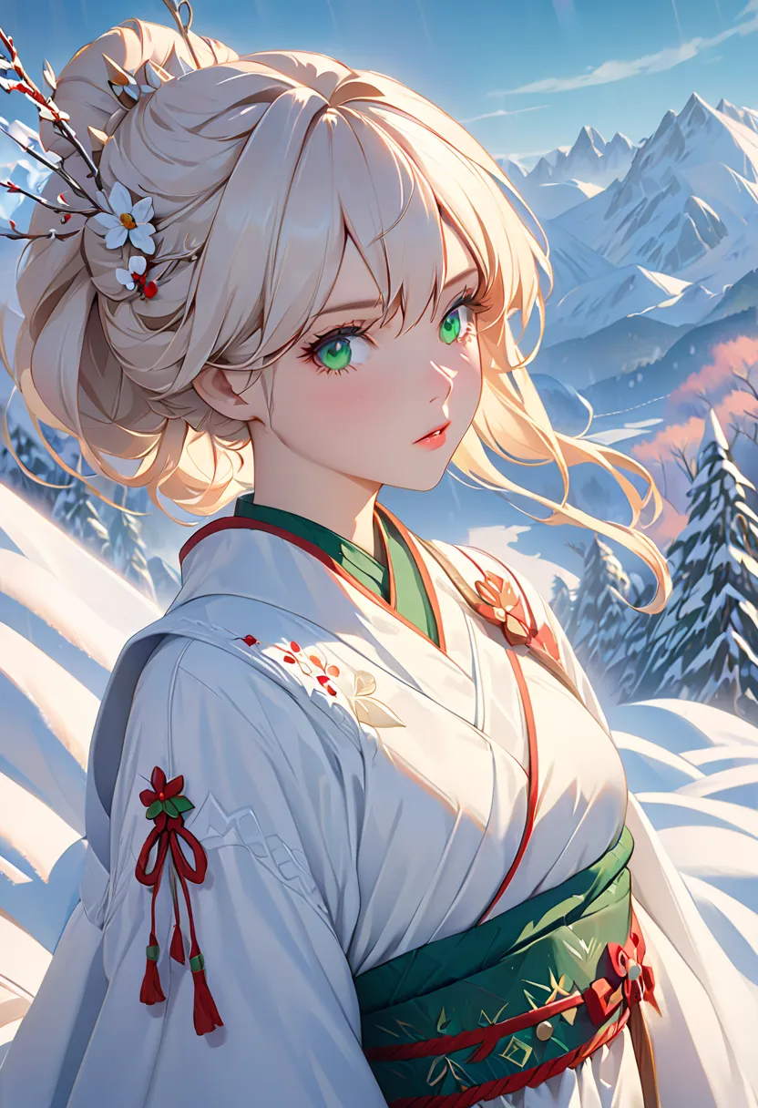  vintage fantasy , masterpiece, Magnificent art, best quality, 1 girl,  close-up girl Nordic princess , Scandinavian Mountains々, Winter Weather, Symmetrical and ultra-detailed face , Peach Silky Smooth Skin , Vivid Aggressive Green Eyes ,  White Disheveled...