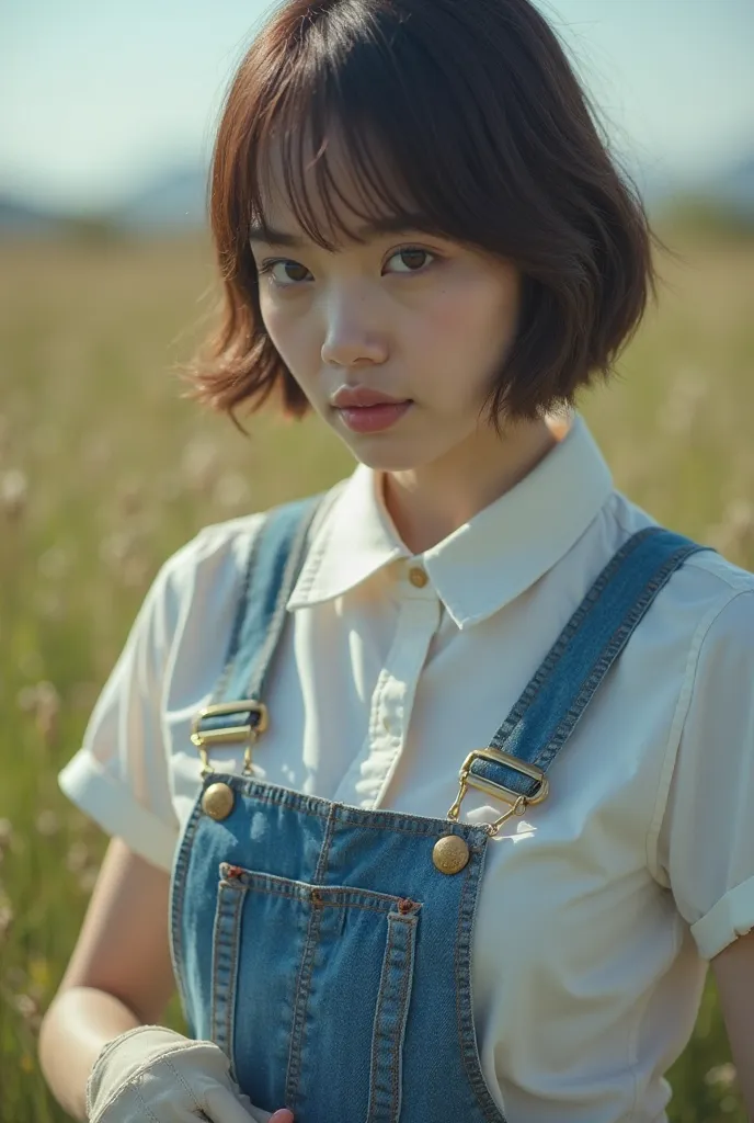 blue meadow. camping tools and triumph t120 motorbike, A young Korean woman with short hair is alone wearing blue suspenders with brass-colored buttons in the center of her clothes, wearing ivory-colored short leather gloves, and touching her shoelaces. Si...