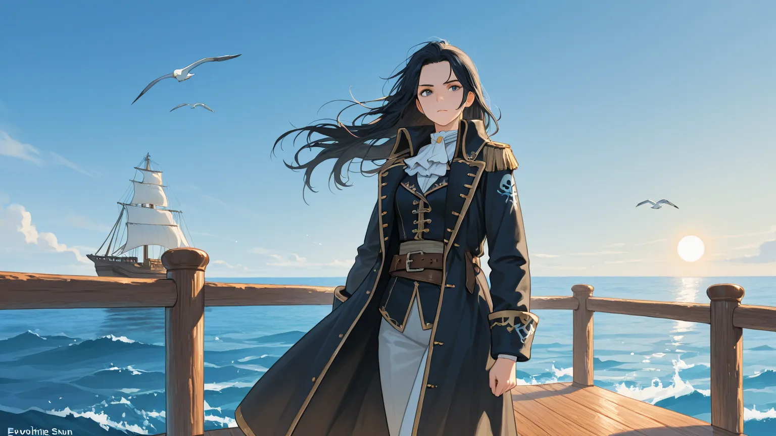 "A striking young pirate with long, flowing black hair stands confidently at the bow of a majestic pirate ship. She wears a rugged yet stylish pirate outfit with a long dark coat. Her intense gaze is fixed on the vast, open ocean under the bright daylight....