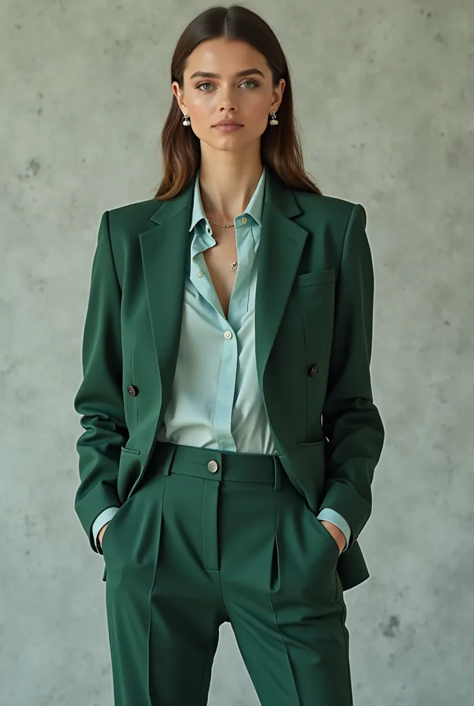 Women's model with green suit and baby shirt