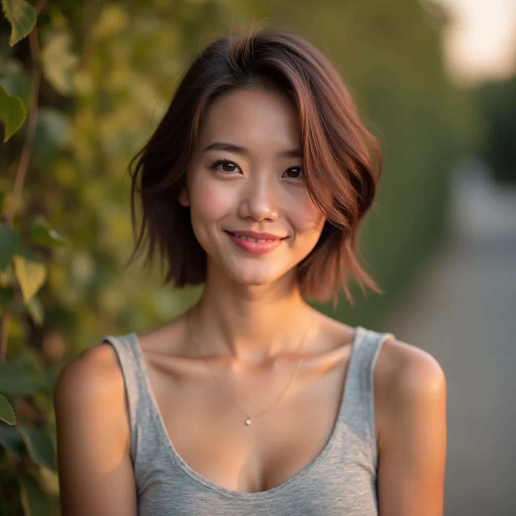 A modern portrait of a young woman with a soft and inviting expression. She has fair skin, naturally pink lips, and a pair of bright, captivating eyes. Her short, light brown hair gives her a fresh and contemporary look. She is dressed in a simple yet styl...