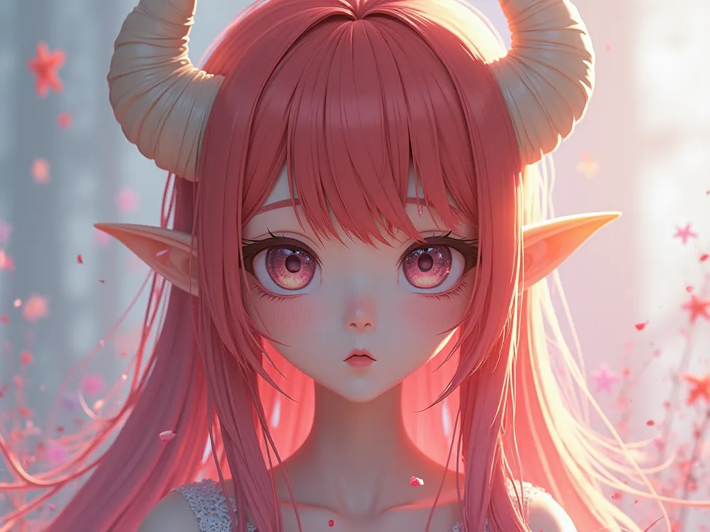 anime, she has long, double colored red/pink hair she has elf ears and white little horns