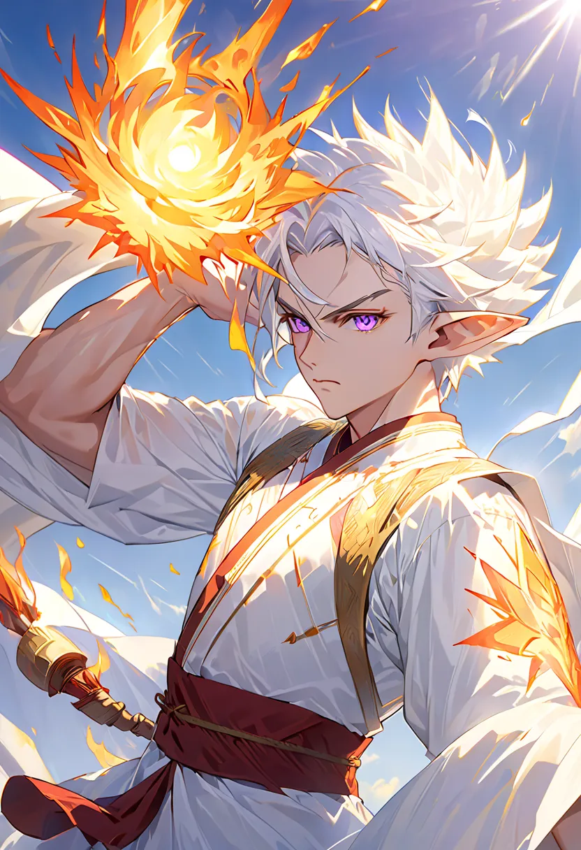   boy, Good person, White skin and white eyes, short white fur ,  's white hair covers his ears, Giant elf ears, Pointy hairy ears, purple eyes, Light firepower, The power of the sun,  pyrokinesis, material manipulation, No anger,  gold clothes, Fully Clot...