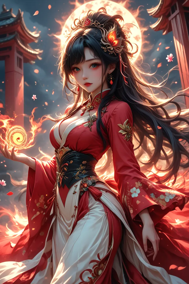 A majestic and radiant depiction of Amaterasu, the sun goddess from Japanese mythology, in a breathtaking hyper realistik fantasy art style. She is adorned in an elegant, flowing white and red kimono with intricate golden embroidery, representing the divin...