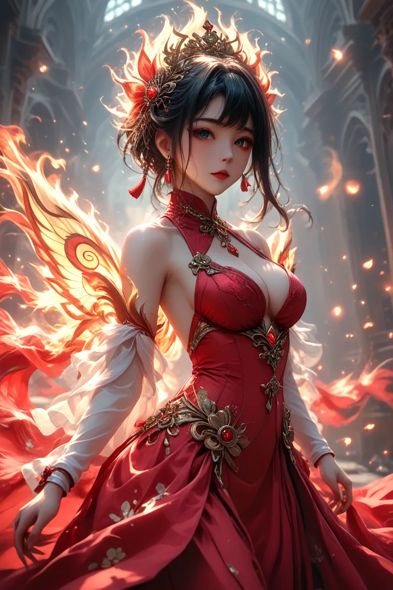 A majestic and radiant depiction of Amaterasu, the sun goddess from Japanese mythology, in a breathtaking hyper realistik fantasy art style. She is adorned in an elegant, flowing white and red kimono with intricate golden embroidery, representing the divin...