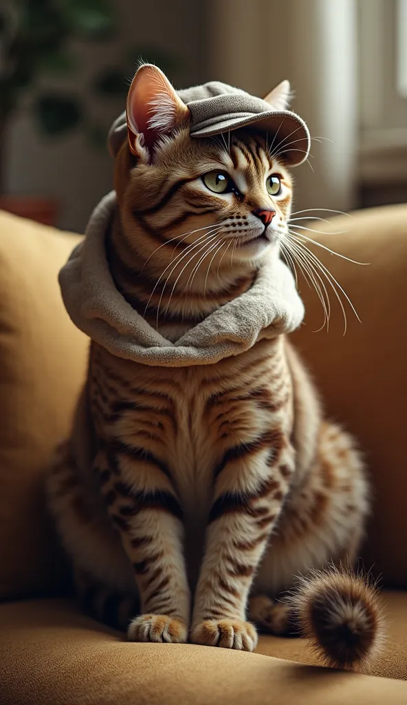 imagem Realistic de gato cinza sentado no sofá, wearing clothes and cap,  detailed, 8k, photorealistic, studio lighting, bright colors, depth of field,  home environment, interior decoration, Realistic, Meticulous, Cat sitting like a cat, attentive facial ...