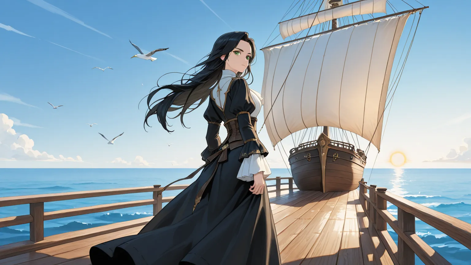 "A striking  pirate with long, flowing black hair and green eyes stands at the bow of a majestic pirate ship. She wears a rugged yet stylish pirate outfit with a dark gown. Her intense gaze is fixed on the vast, open ocean under the bright daylight. The sh...