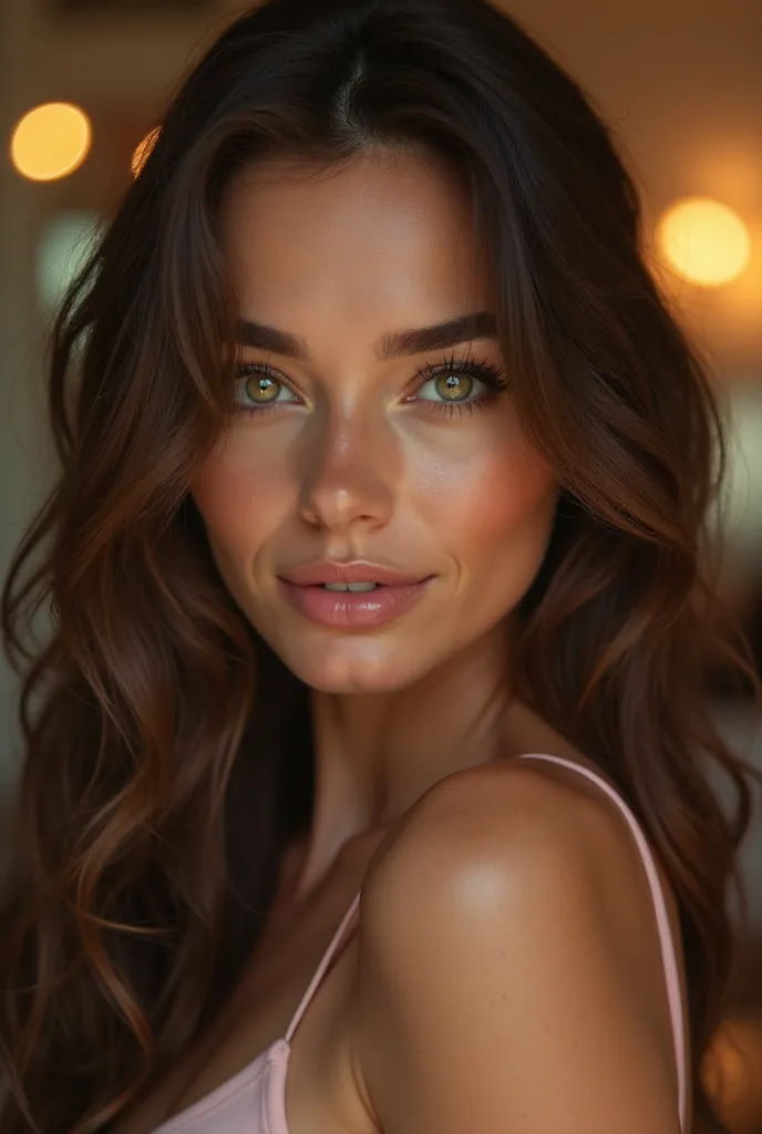 hyper-realistic portrait of a stunning woman with [18], eyes [greens], Hair [ color and style ], radiant skin, natural and curvy body. seductive expression, wraparound look. soft and warm lighting, elegant and sophisticated background.