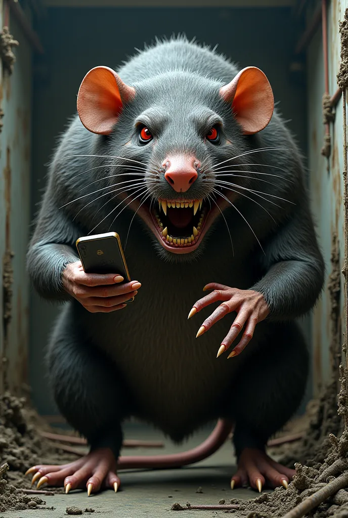 A very big and ugly hairy rat with a cell phone in her hand