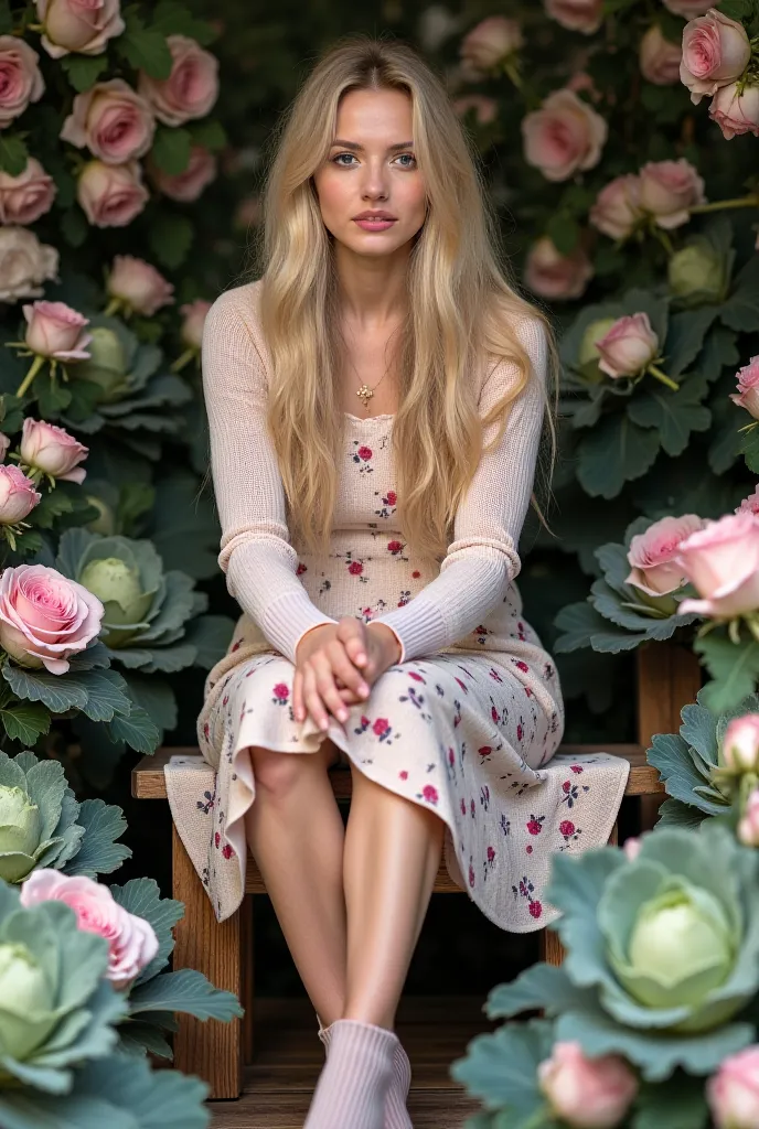 A model woman with long wavy hair , light-skinned woman, likely in her late s or early twenties, is seated on a rustic wooden bench. She has long, light blonde hair and a calm, neutral facial expression. Her gaze is directed slightly to her right, and her ...