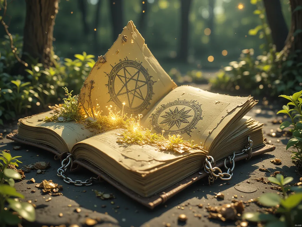 old book, grimoire, Forgotten by time, Ancient times, Magic book, Spell, chained book , Pentagram on the ground, vieux sale,  torn, sombre 