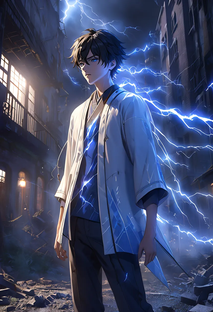 ( A 17-year-old young man with a soul body that emits blue and black lightning particles around him), 3D rendering,  movie special effects , movie light,  abandoned city , Clear HD, 8k resolution, very well detailed,  Digital Painting , Concept Art, Shinka...