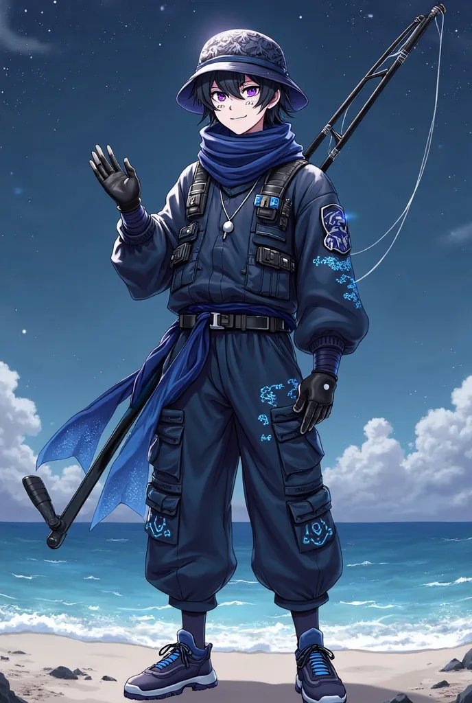 A tall young man with a gloomy face, black dragon scale patterns on both cheeks, white skin, a bucket hat with a white fish pattern on the back of his head, a white moon necklace, purple eyes with blue irises, wearing a high-tech combat suit combined with ...