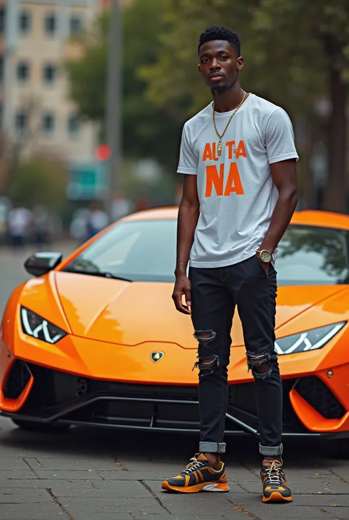 African best creative photo of a young man standing beside a Lamborghini with t-shirts writing AL TA NA 