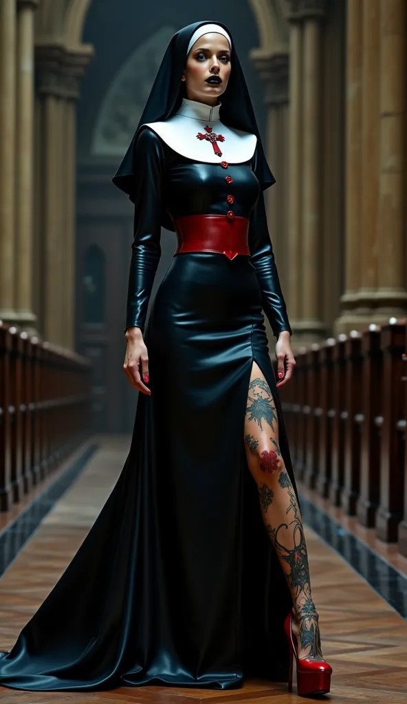 angelina jolie, view from profil, latex,  latex nun uniform, long latex nun dresse latex dark blue and red brown, REVERENCE LATEX RUBBER HEADPIEce dark blue latex red brown latex, corset latex brown red, platform stilettos vinyl red blood, black shinny lip...