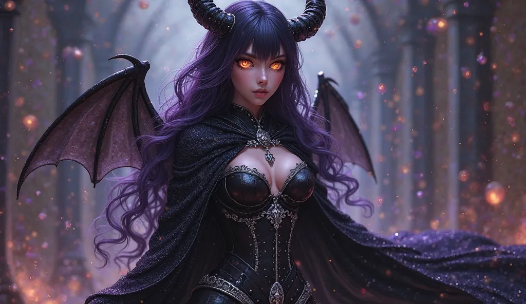 1 girl, eyes sparkling with brown fire, dark hair reaching shoulder length, sprinkled with diamond dust, creating a captivating glow in the dark strands. Hair color is violet, long, with a dark cloak made of shimmering material, adorned with silver trim. A...