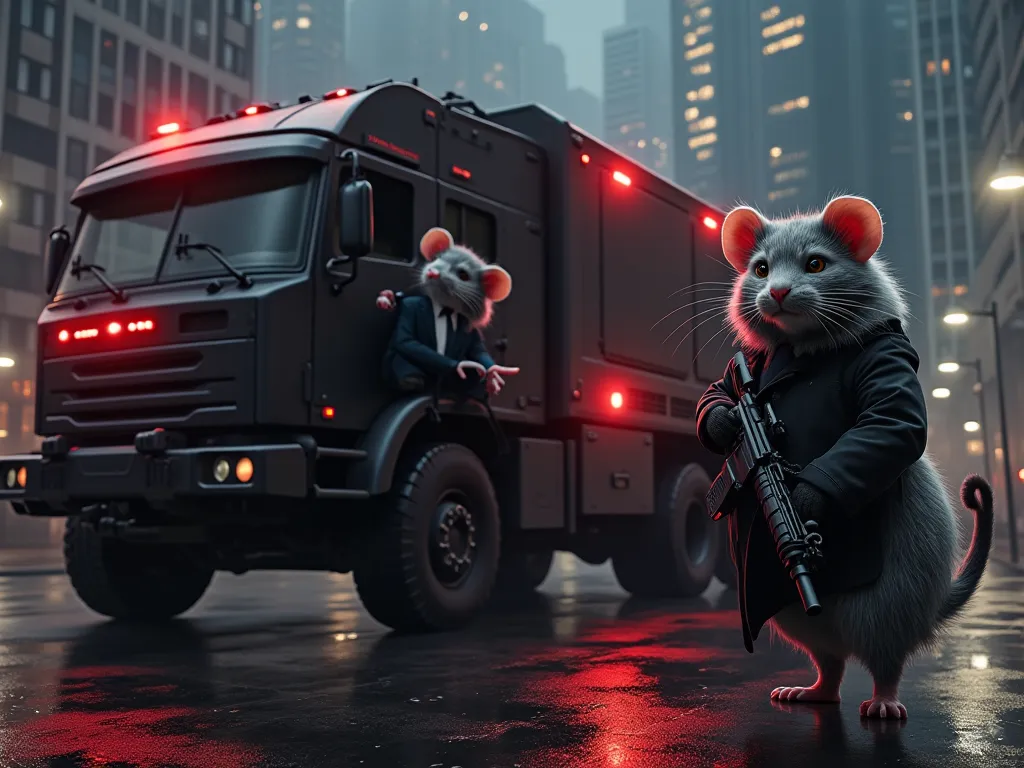 A highly detailed, cinematic digital painting of anthropomorphic rats in formal business suits, stepping into a large, armored tactical prisoner transport vehicle. Their hands are handcuffed, and they appear nervous and defeated. The vehicle is a dark, hea...