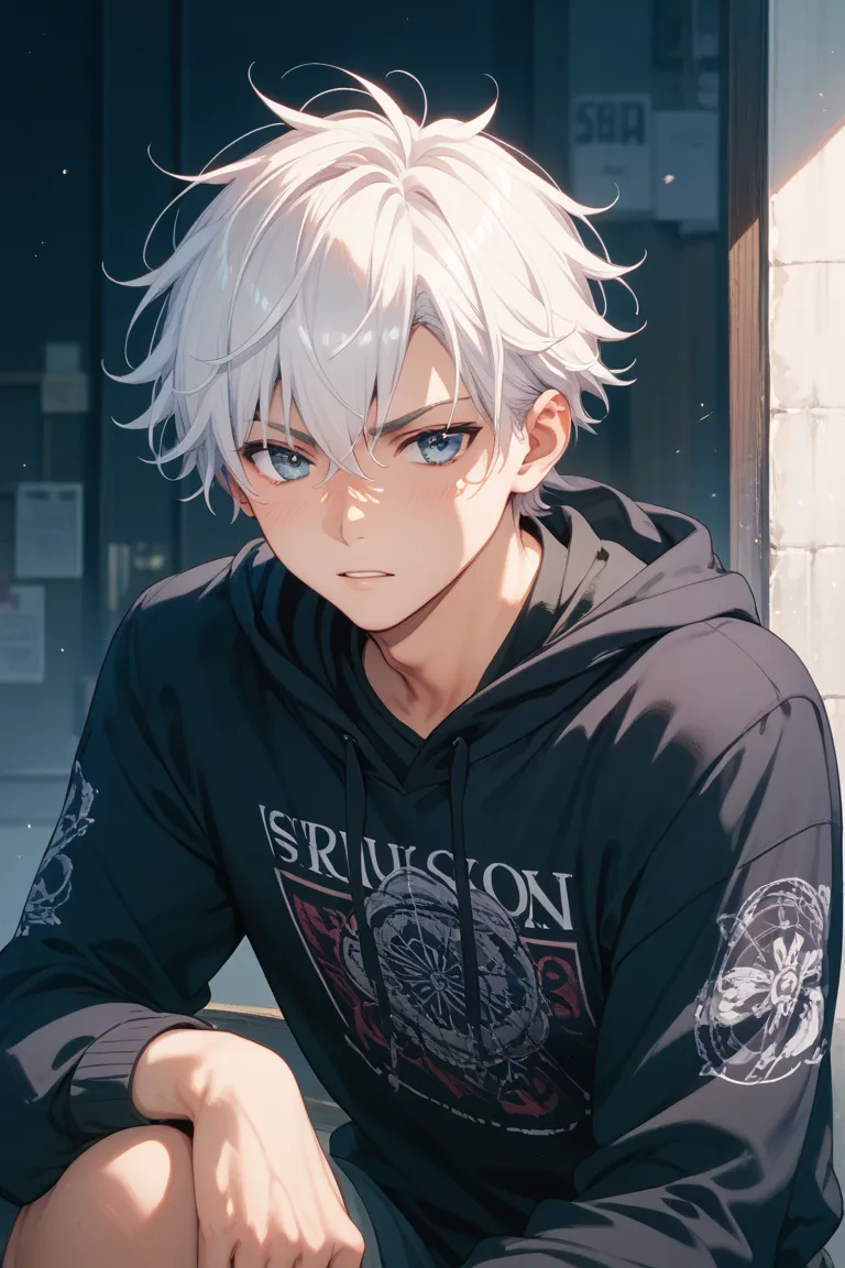 boy　 black mesh on white hair　目の色は黒🐦‍⬛15歳くらいの体型　hoodie　upset