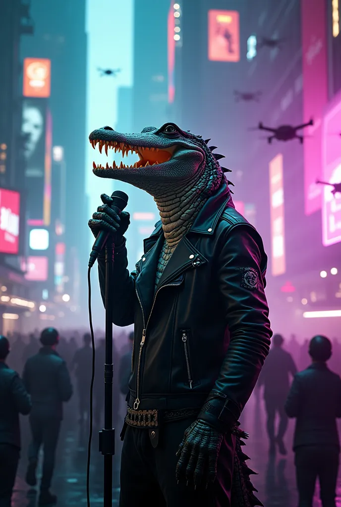 Cinematic, Cyberpunk Alligator Performer in a Dystopian Tech World:

A humanoid alligator stands on a futuristic stage, gripping a high-tech microphone, exuding power and rebellion. His scaly face is partially illuminated by neon lights, reflecting the int...