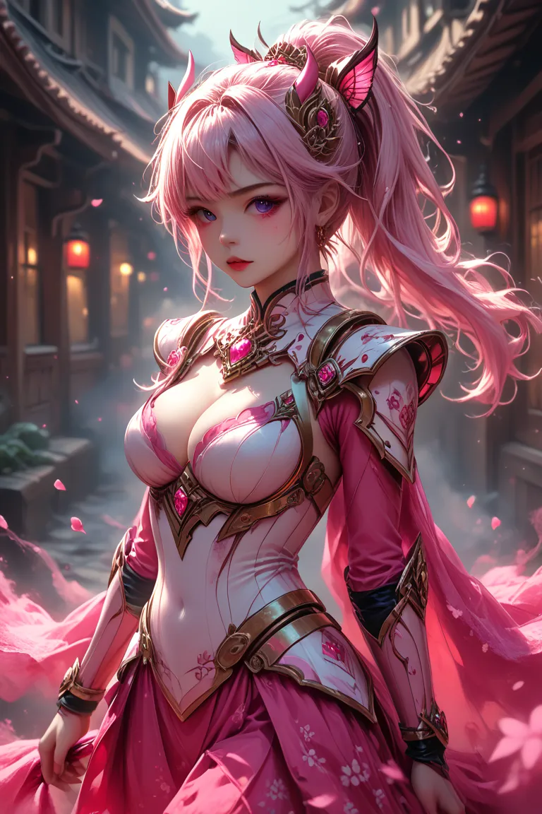 Great quality, masterpiece, Best Quality, Super detailed, Super detailed, Ultra-high resolution, Perfect Anatomy, Blurred Background, Outdoor,( Cherry Blossoms:0.6), fog, Studio Lighting, Bright foreground, Face the viewer,
(Pink Hybrid White) armor, woman...