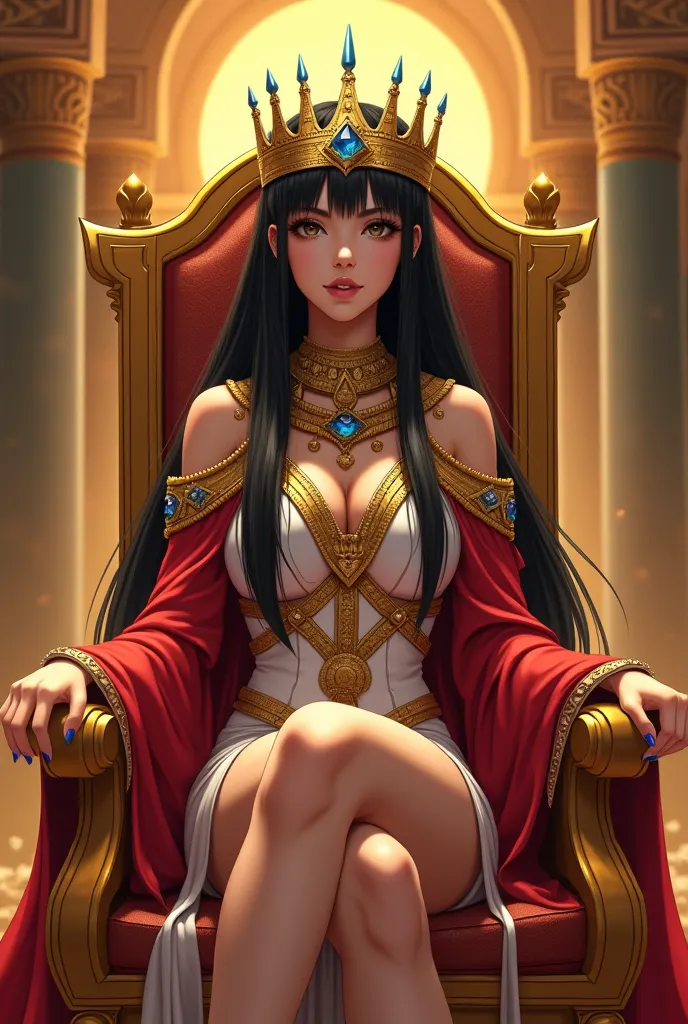 Beautiful anime girl brunette straight black hair. She is dressed as an Egyptian queen with a cape and is seated on her golden throne 