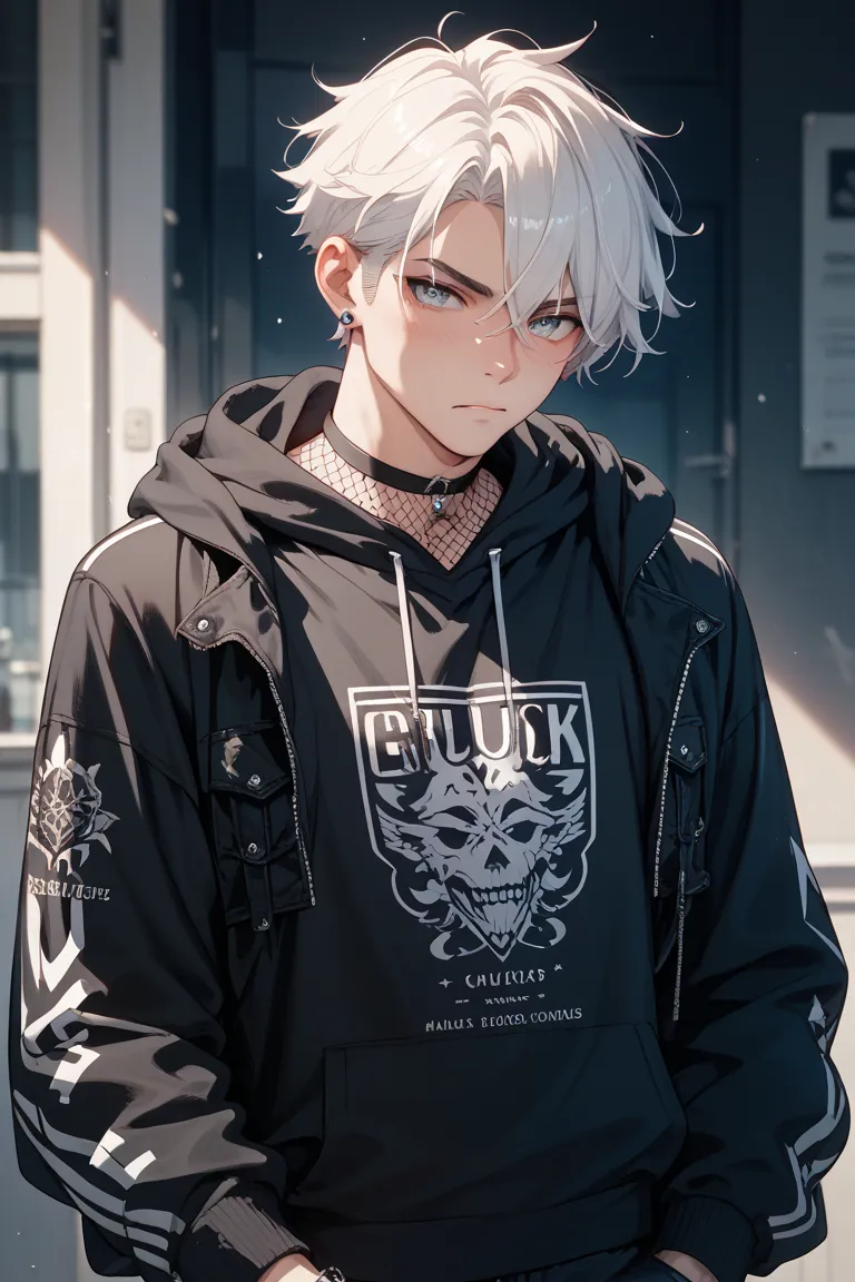 boy　 black mesh on white hair　Eye color: black　Body type around  　hoodie　upset