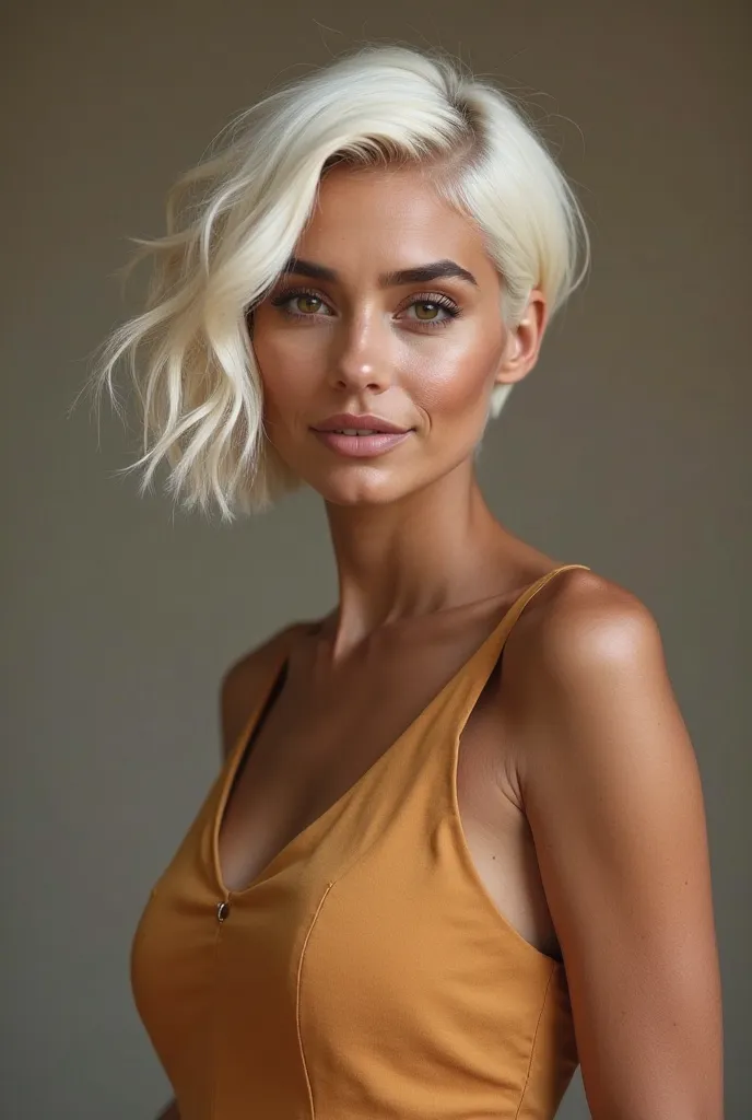 
Create a self-image of a 34-year-old woman,  with platinum blonde hair  ( White ) ,short.Rounded and moderately full face,brown eye , black skin and a gentle smile, long shoulders, Hip 104 . She is mannequin 44-46 and is wearing a dress tailoring outfit i...