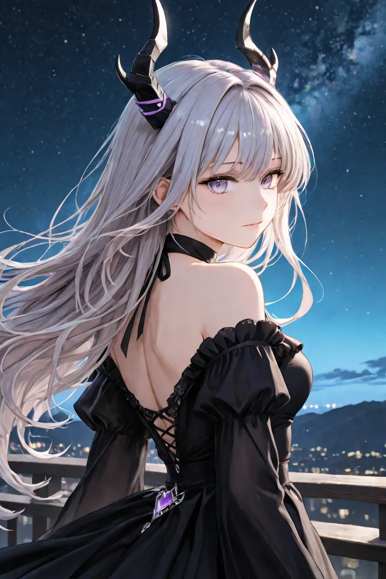  Silver Hair、long hair、light purple eyes、Night Sky、I'm summoning a dragon 、black shoulder dress