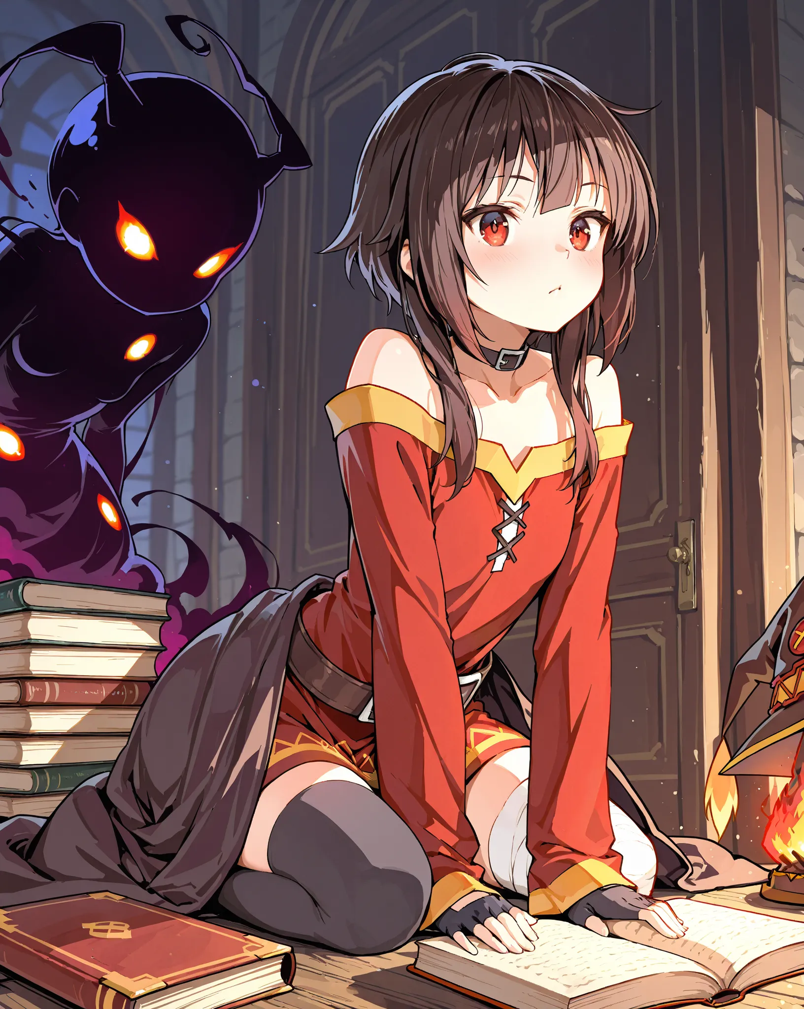 Old book with chains wrapped around it, Sealed old books, Forbidden Old Books:1.5, Megumin, (Darkness), masterpiece, highest quality, UHD, retina, masterpiece, accurate anatomy, super detailed, high quality, best quality, 8k