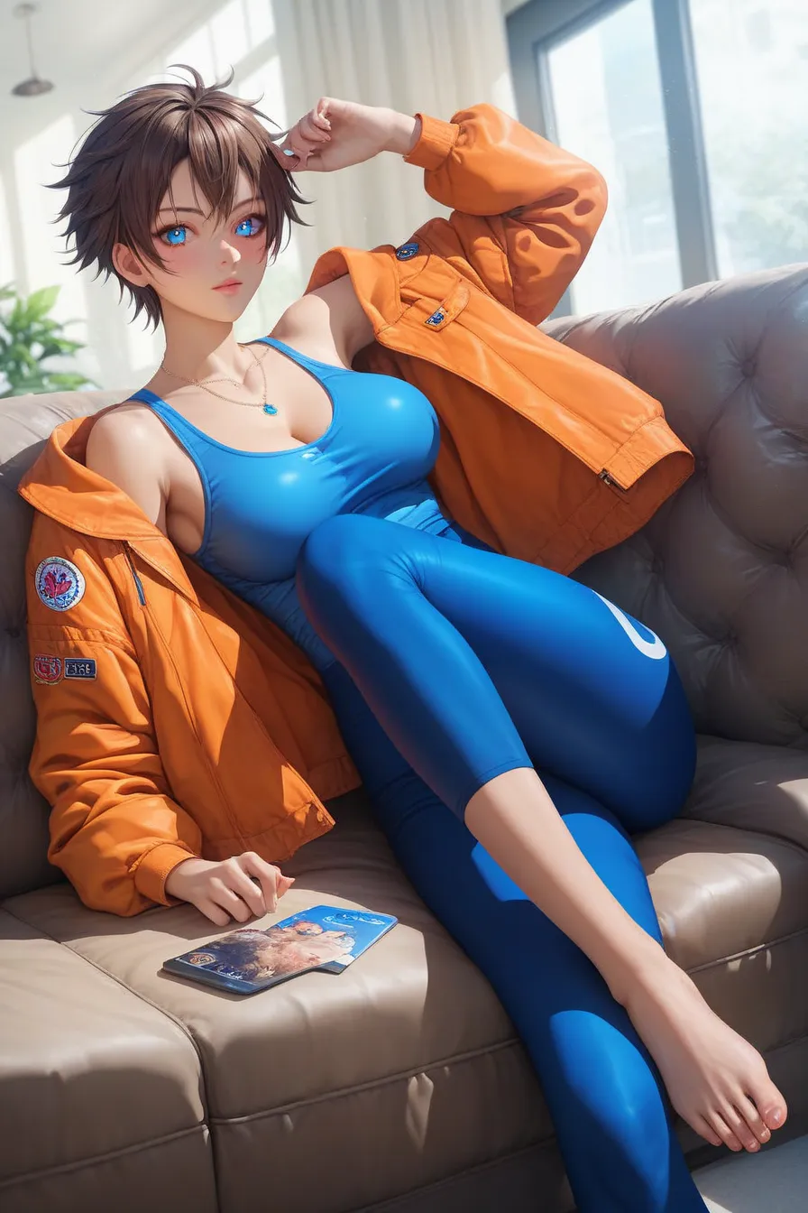 score_9, score_8_up, score_7_up, score_6_up, score_5_up, score_4_up, (Kaneku Gatachi ), brown hair, blue eyes, scar, necklaces, breast,   orange leather jacket , Blue sleeveless shirt,   tight shirt ,  blue leggings, 1 girl, alone, staring at the viewer, m...