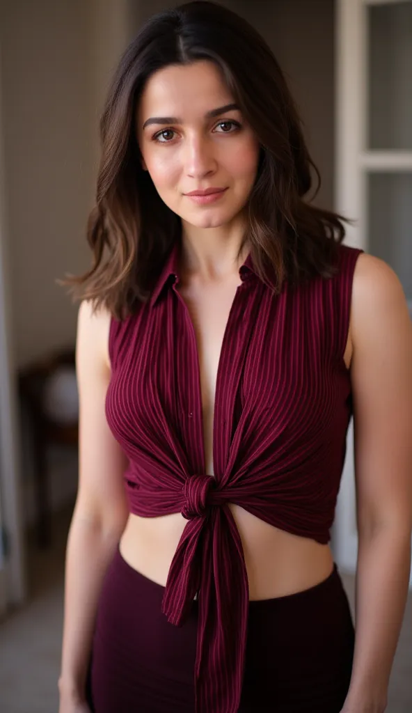 Generate a portrait image of a woman in a sleeveless maroon formal striped office shirt. The shirt is unbuttoned and tied at the bottom exposing her navel. Medium length hair. Wearing short skirt and stockings. She is looking at the camera. Background blur...