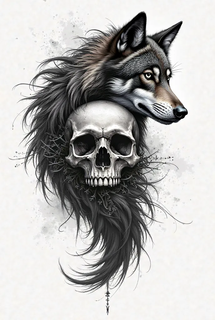 Picture of a function of a Mexican wolf and a skull for tattoo 