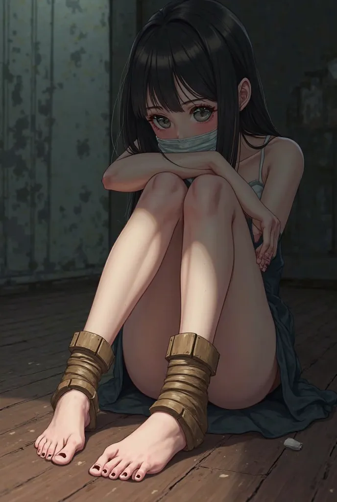 Anime girl tied in feet stocks, barefoot, foot focus, long soles, pale girl, tied toes, gagged