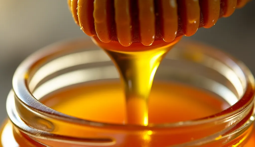 A mesmerizing close-up of viscous honey streaming from a honey dipper into a jar. The golden hue and rich texture highlight the natural sweetness and organic appeal of the honey.  