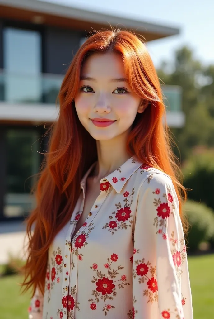 A young woman with fair skin and long hair, smooth and vibrant in the color red. Your face is delicate, with expressive eyes, well-designed eyebrows and a soft smile. She wears a light flowing fabric blouse with floral tones, conveying an elegant and casua...