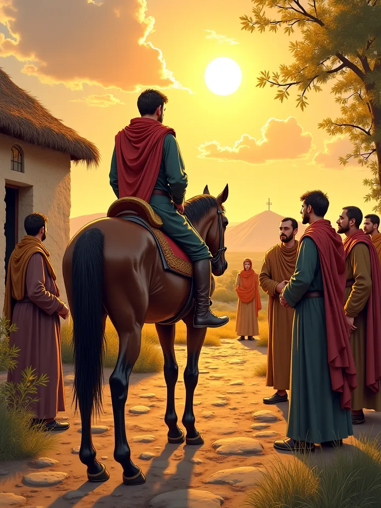 Draw a byzantine tax officer on a horse. At the entrance to the poor byzantine village, villagers greet him. there is one modest orthodox byzantine church. The sun hits your face. Villagers are worried.