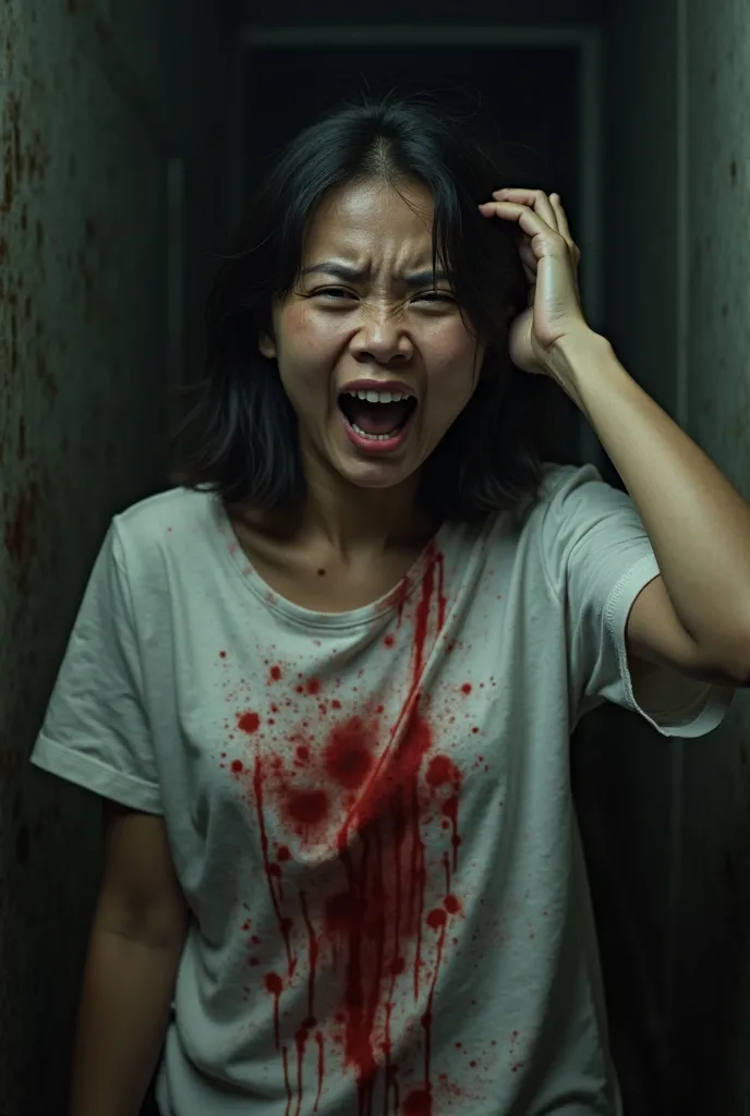 indonesian girl wearing white shirt screaming with blood stain all over her body horror movie poster