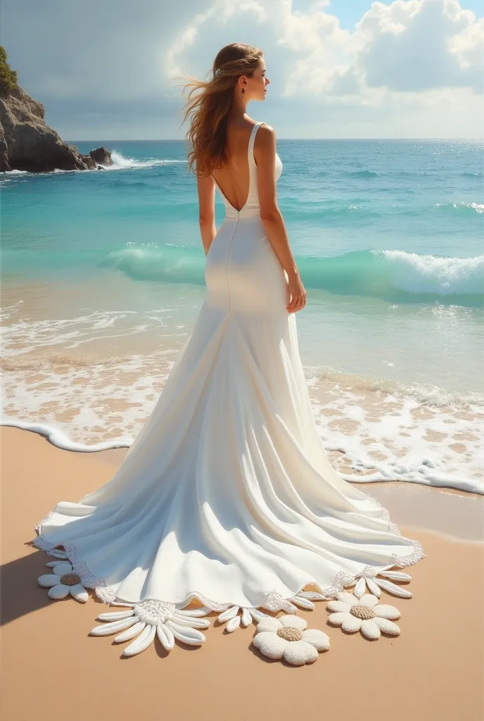 Hyperrealism airbrushed acrylic oil illustration inspired by Steve Hanks of lady in a white wedding gown, she is standing on the beach in a charming European coastal town, basking in the warmth of spring.
The end of the gown is transforming into a flower s...