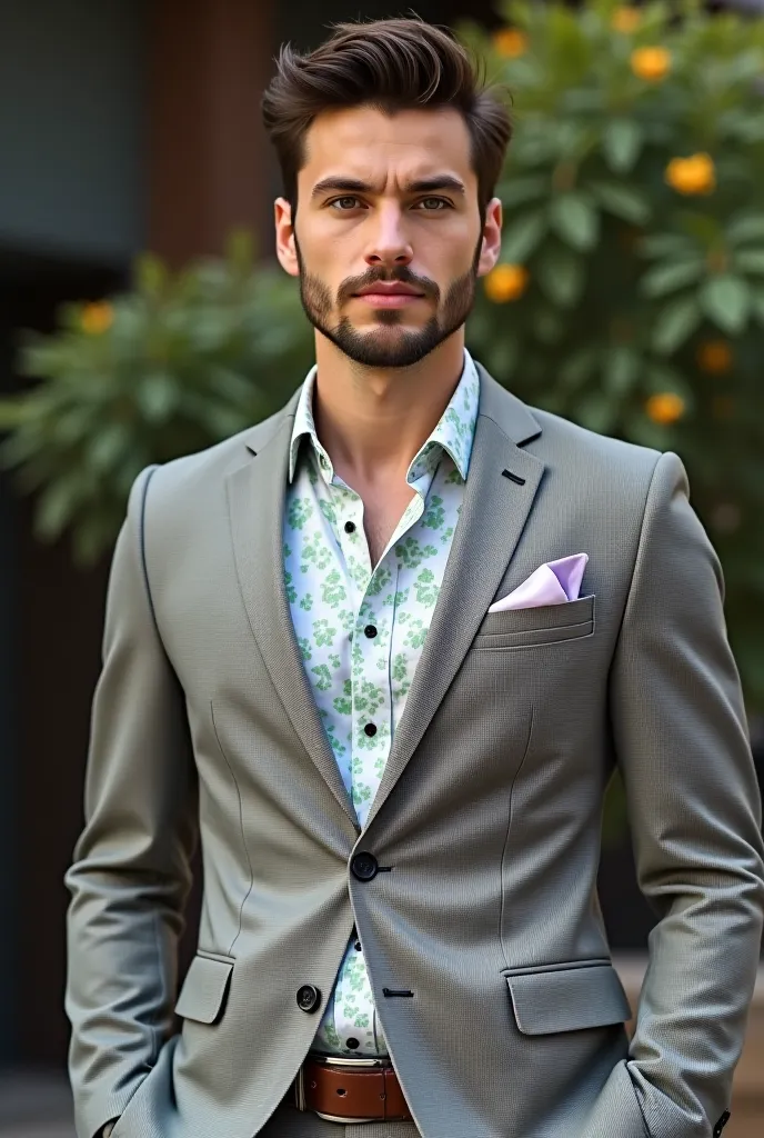 Men's suit with green and lilac baby shirt