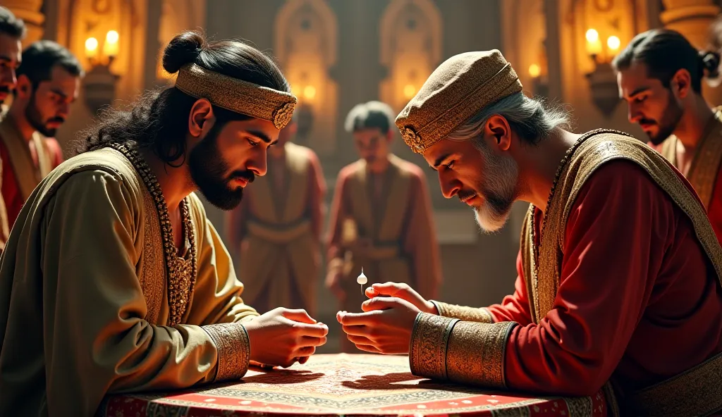 The Sultan extends the pearl toward his minister, asking about its value. The minister examines it carefully with a thoughtful expression while the courtiers watch.
