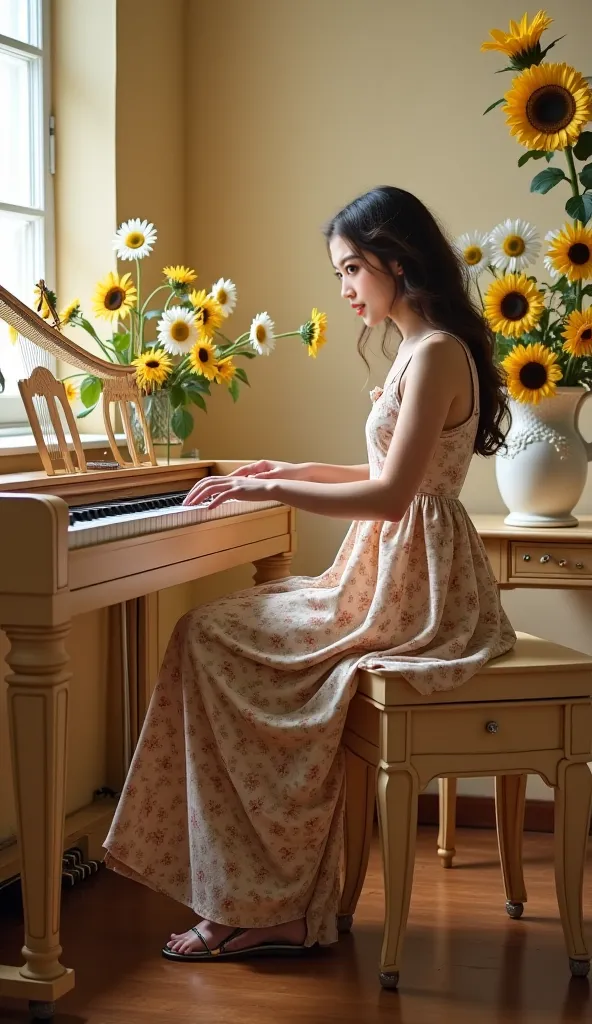 Ultra-realistic photograph of a beautiful girl changing a piano and harpsichord, The girl is dressed in a long floral dress with metallic sandals , Playing in a room of an apartment on the piano , flower vases of daisies and musical trophies , She plays se...