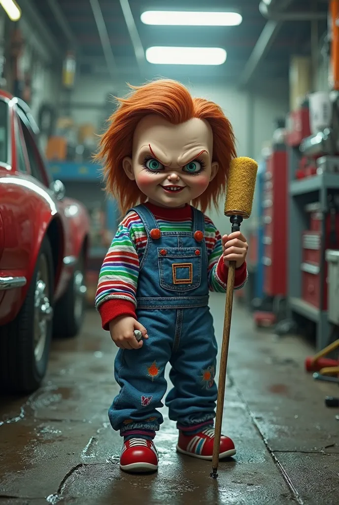 chucky doll in car shop holding car wash sponge, realista, 4k, 8k