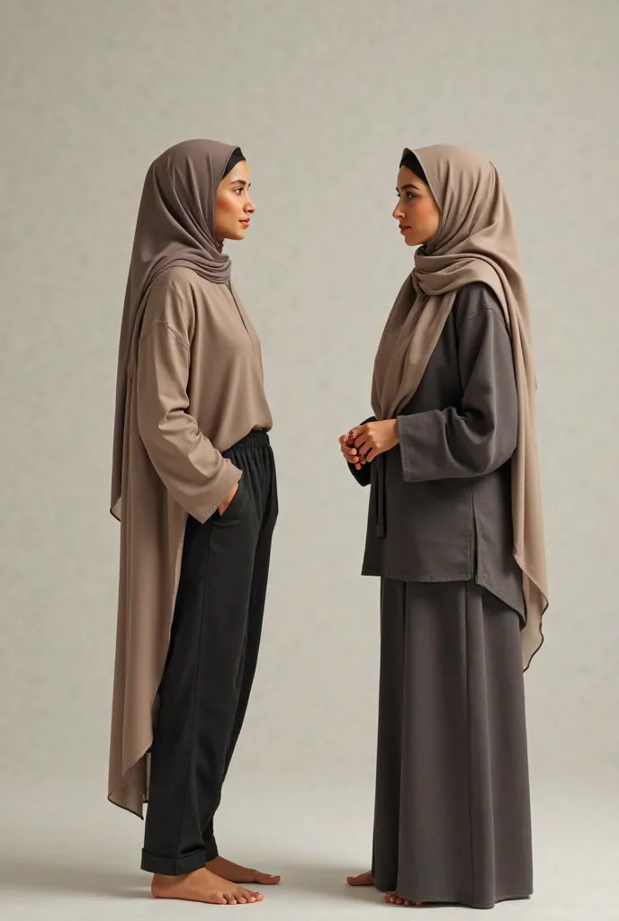 Two pictures of a Muslim woman wearing a hijab wearing pants and taking off her hijab completely