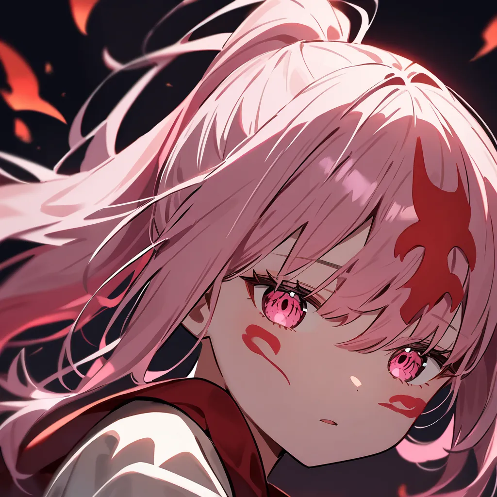 light pink hair color　dark pink eyes　There is a ponytail on the right side of the head　 girl　Wears a red flame　Close eyes　looks at the camera　 shadows cast on the face 