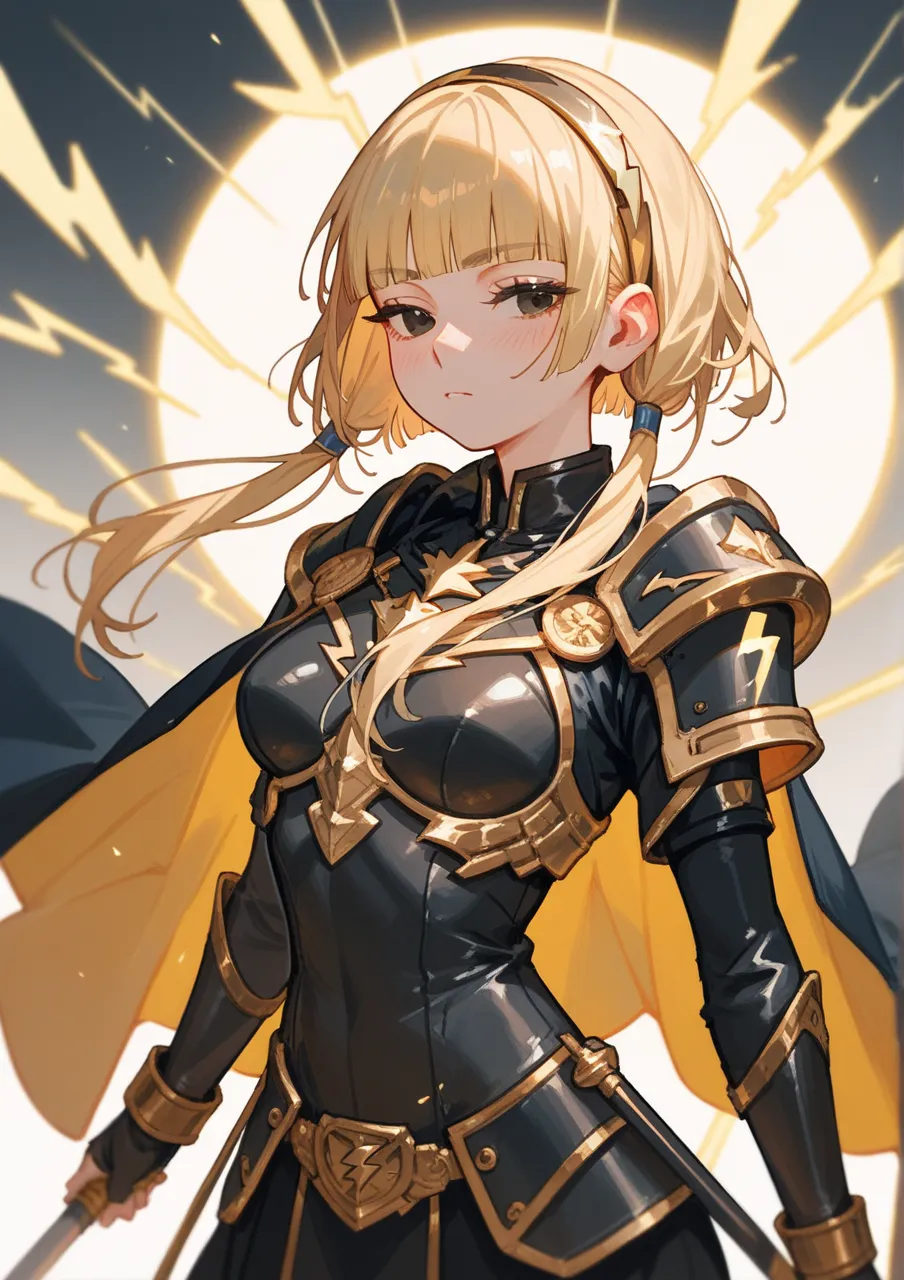 (score_9, score_8_up, score_7_up), 1girl, solo, blond hair, ((buzzcut)), long hair, ((short blunt bangs)), long locks, cape, medium breast, black eyes, narrowed eyes, hair band, ((hands)), blush, hips, (black clothes), black armor, (((pose))), gold, gold l...