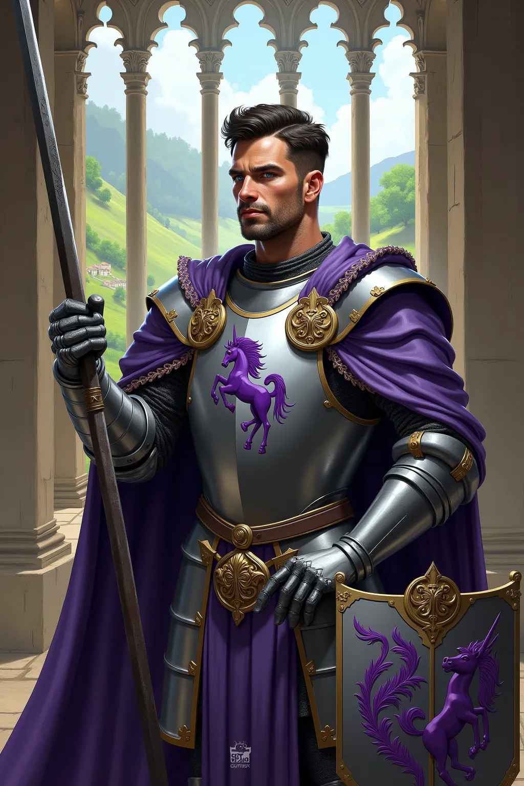 A realistic medieval fantasy depiction of Flement Brax, a knight of House Brax known for his loyalty and martial skill. Flement is a tall, strong man in his thirties, with a chiseled jaw, high cheekbones, and piercing blue eyes that reflect his determinati...