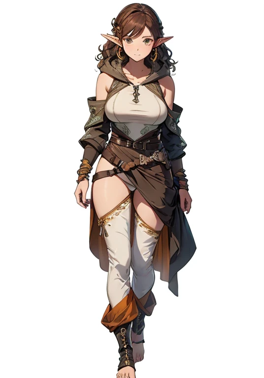 ((best quality))) (((HD))) (((8k))) (character) 20-year-old woman, ((adventurous)), (long pointy ears), freckles, elf, short stature and plump, chunky ((large breasts:1.2)), (wide hips:1.2), (dark brown hair:1.2), medium length and held back with a hair ba...