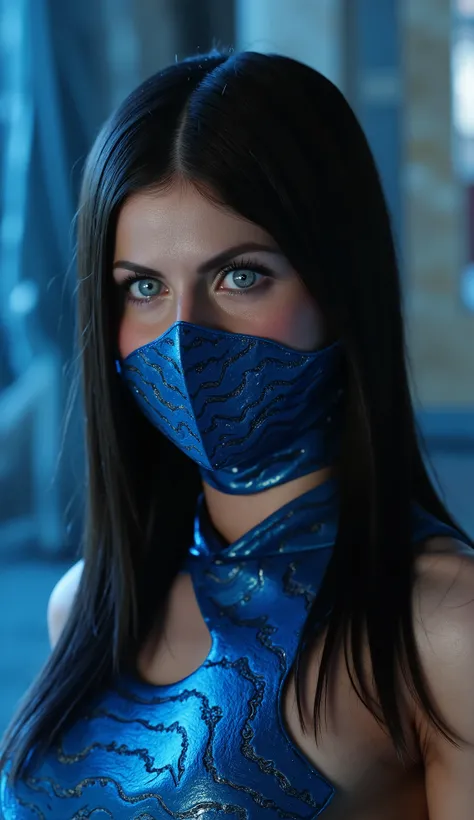 Here's a detailed prompt to generate a super realistic image of Alexandra Daddario as Kitana, with a shiny metal mask and details blue, focus on the upper body: "Hyper-realistic Close-up of Alexandra Daddario as Kitana, The warrior of *  mortal kombat*. Sh...