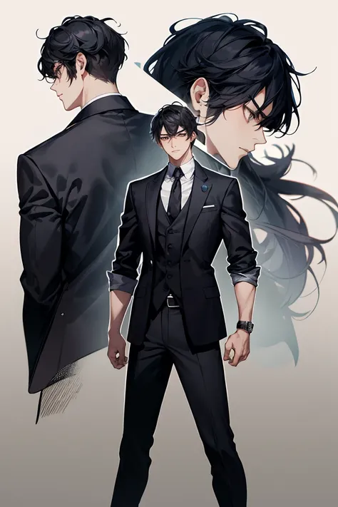 Standing Sideways、adult male、profile、 black hair、with a young yakuza in a black shirt and black suit、Unusual Suspicious Expression、 gun、Handsome guy looking down、The background is night、dark vibe、high resolution, anatomically correct, in white for summer v...